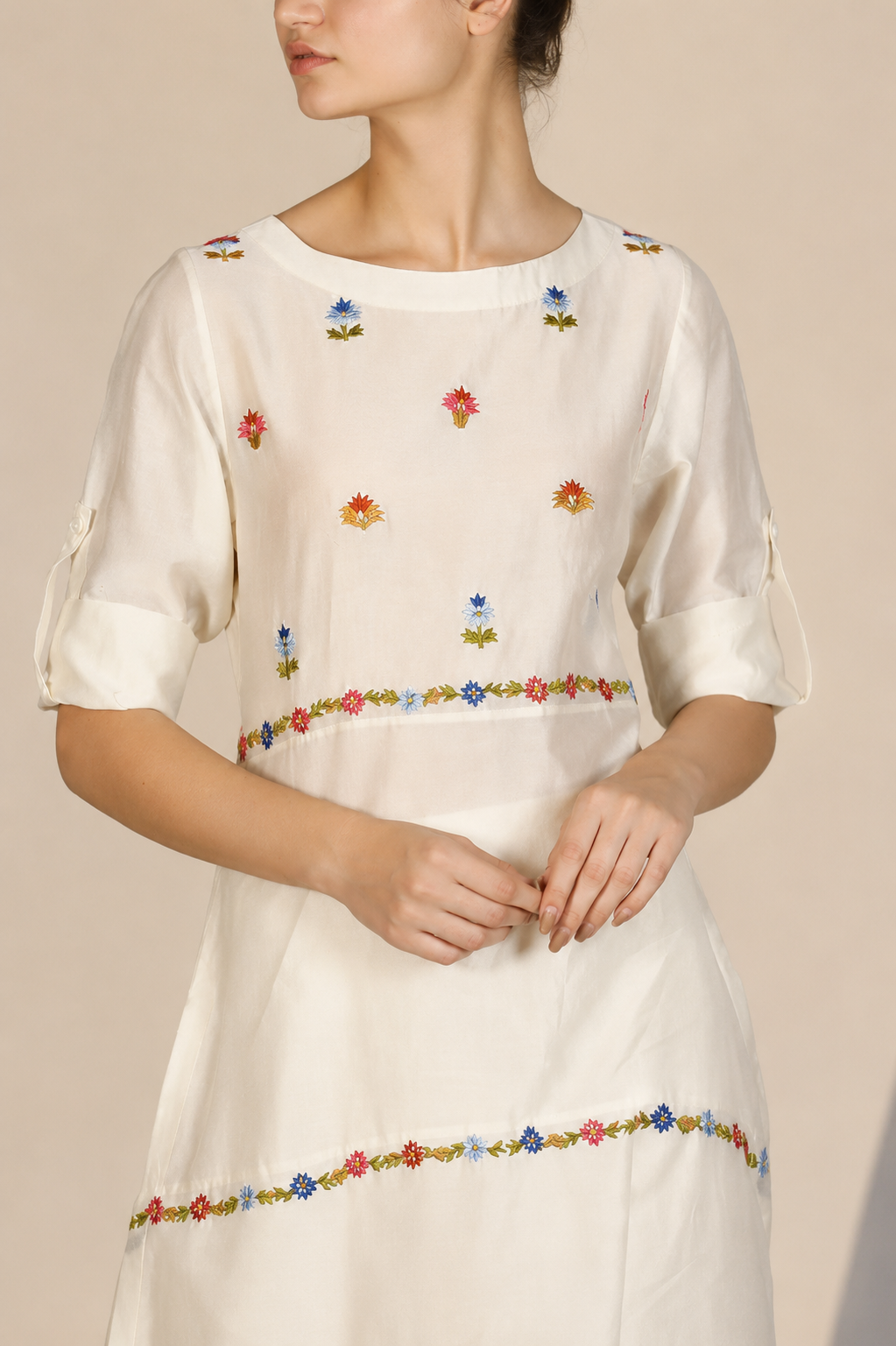 Ivory Cotton Silk Kurta With Embroidered Panelled