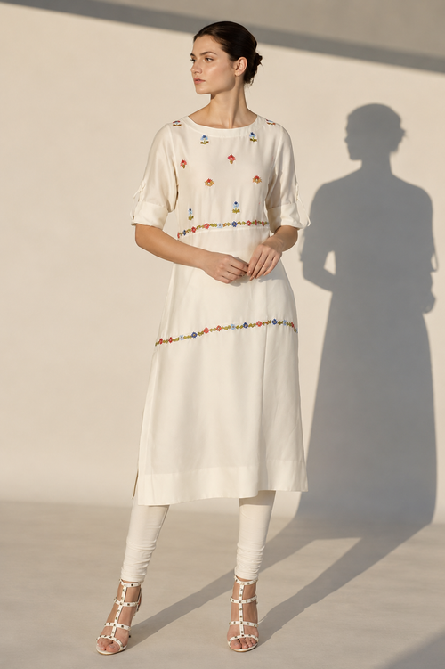 Ivory Cotton Silk Kurta With Embroidered Panelled