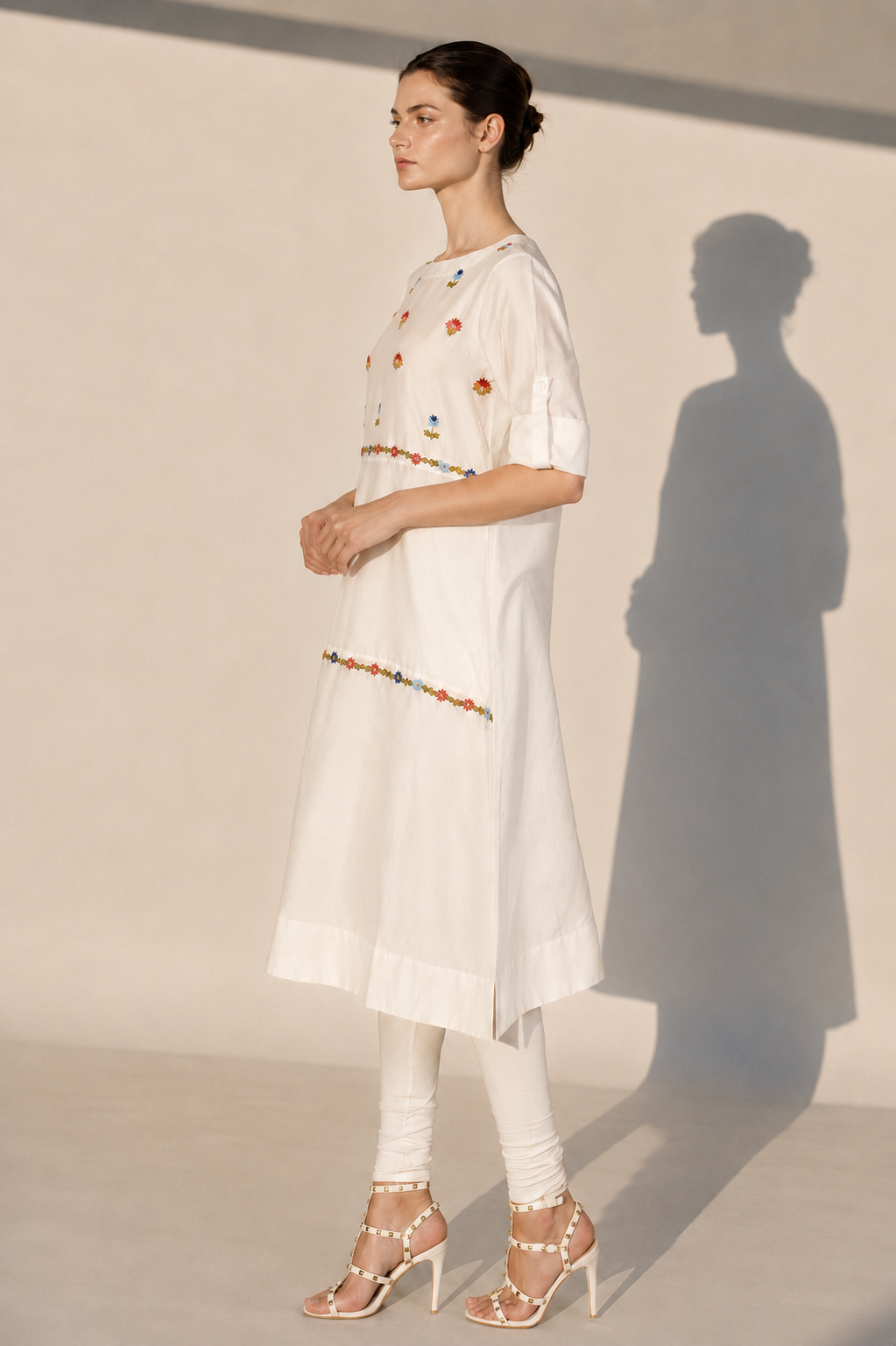 Ivory Cotton Silk Kurta With Embroidered Panelled