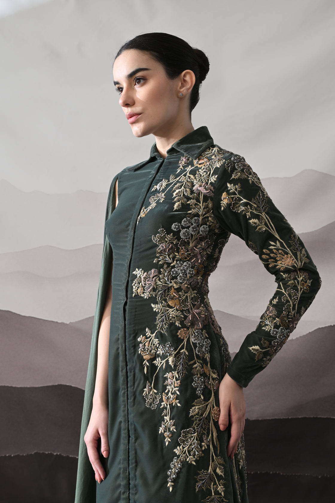 Deep Green Gown with Asymmetrical Embroidery