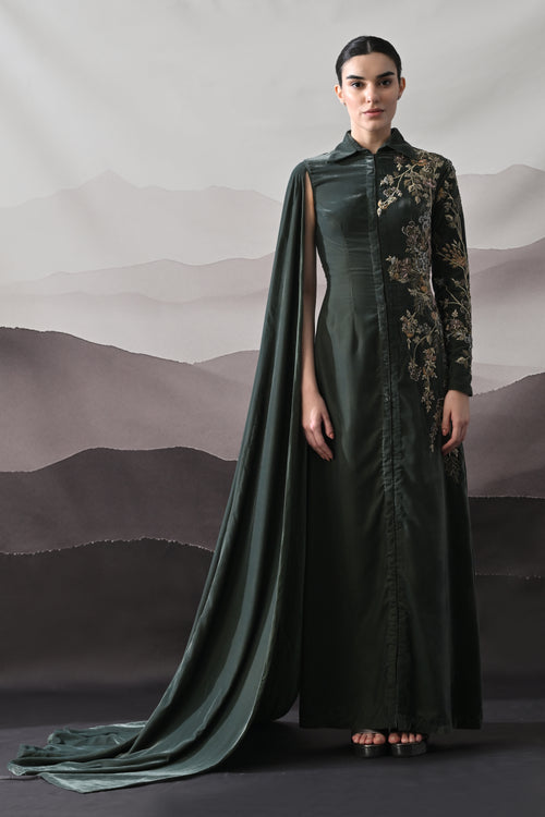 Deep Green Gown with Asymmetrical Embroidery