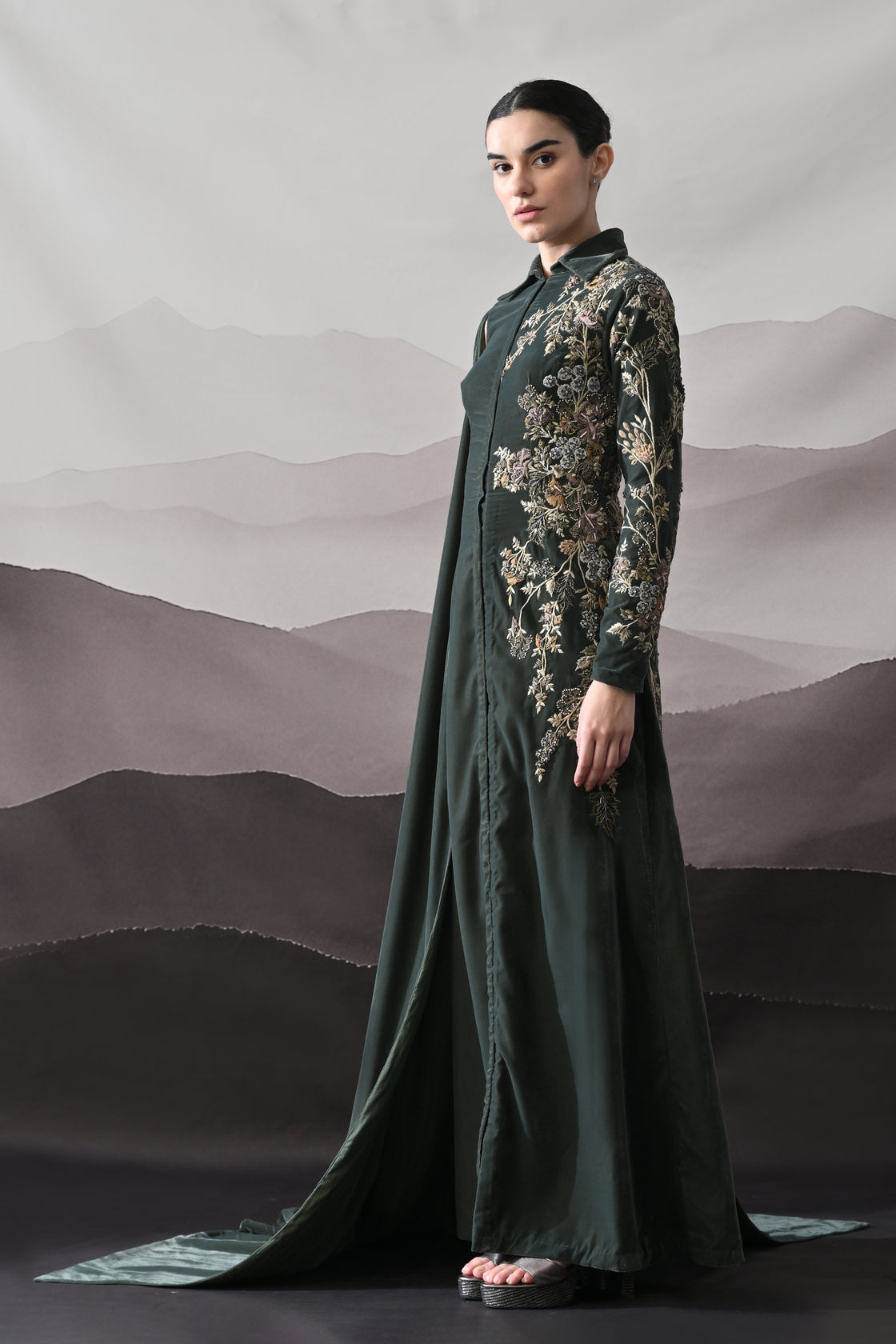Deep Green Gown with Asymmetrical Embroidery