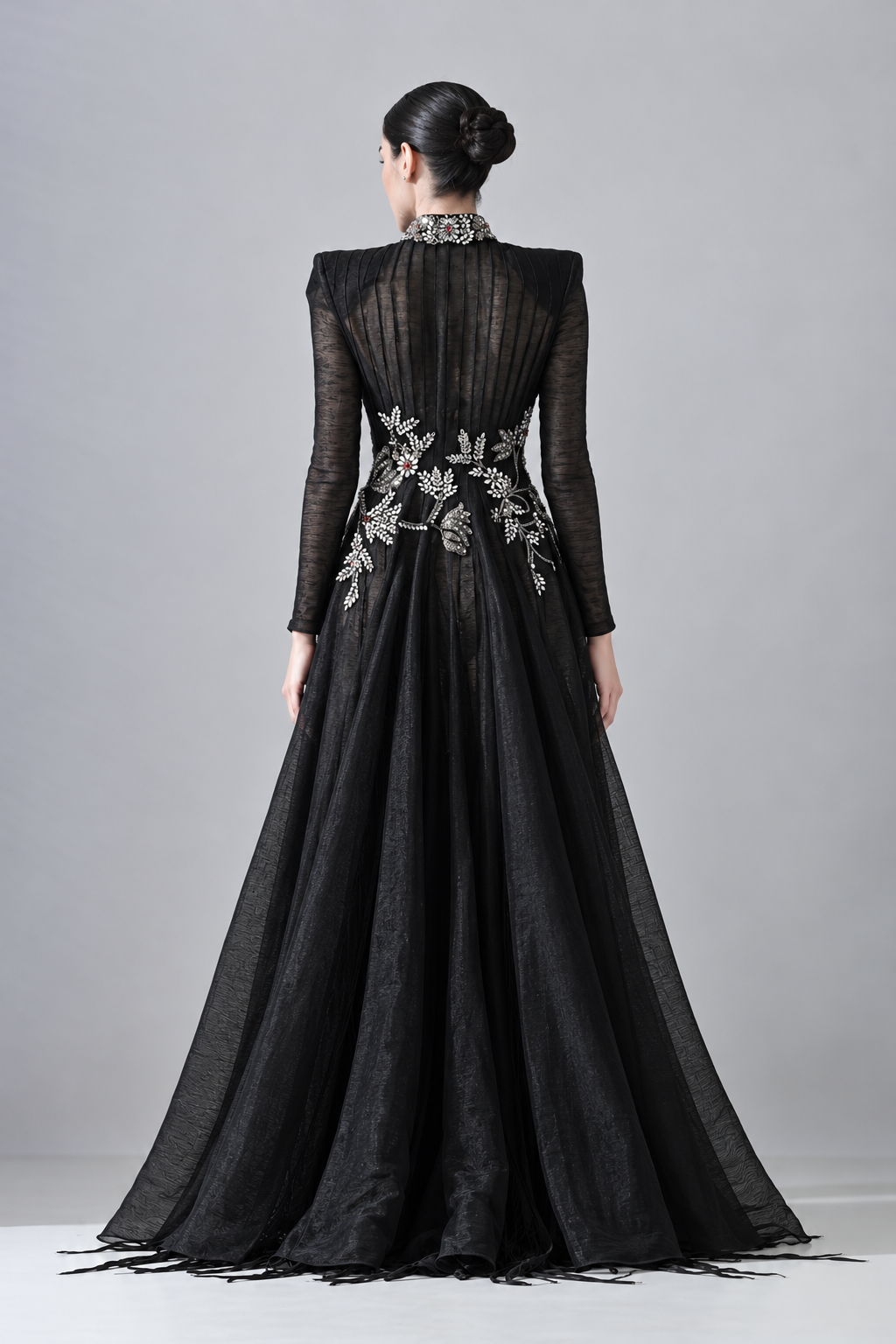 Black Silhouette Withsheer Layers with Silver Embroidery and stone work with textured dress inside
