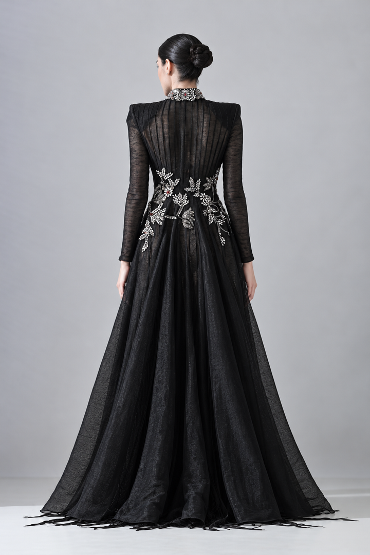 Black Silhouette Withsheer Layers with Silver Embroidery and stone work with textured dress inside