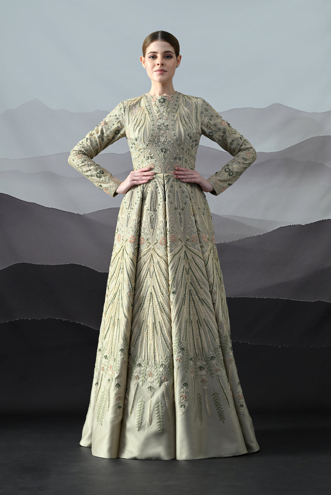 Grey Gown with Artisanal Hand Embroidery and Flared Hemline