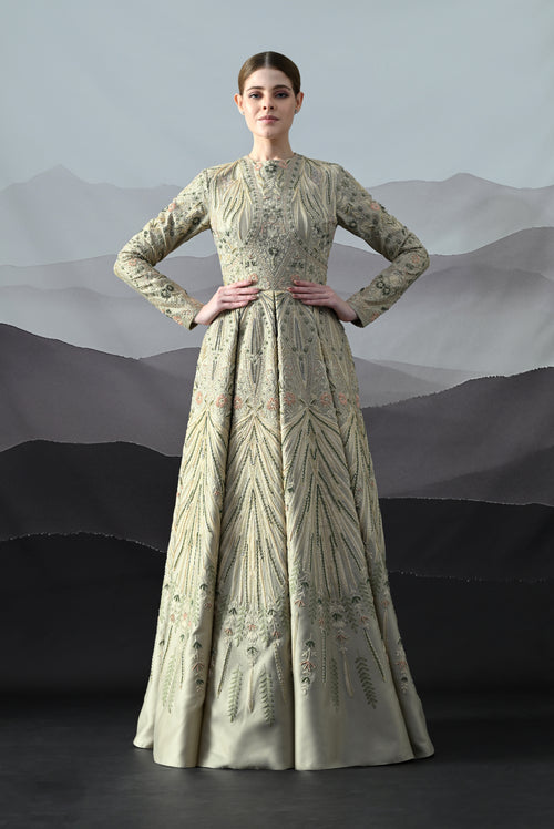Grey Gown with Artisanal Hand Embroidery and Flared Hemline