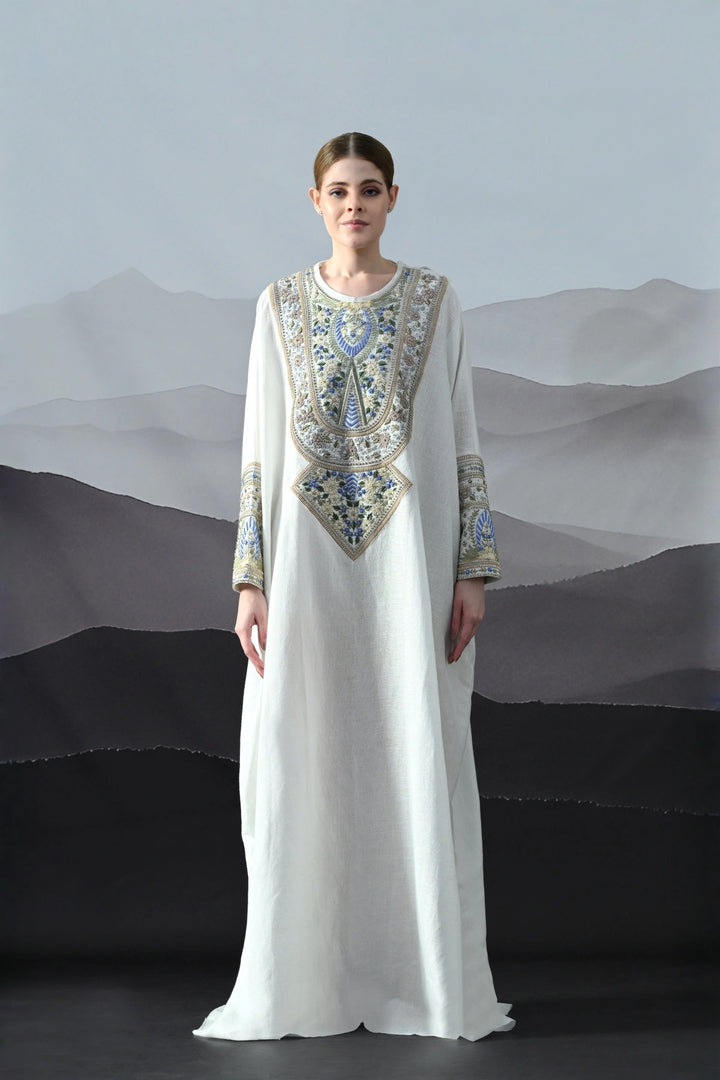 Ivory Kaftan With Handworked Motifs