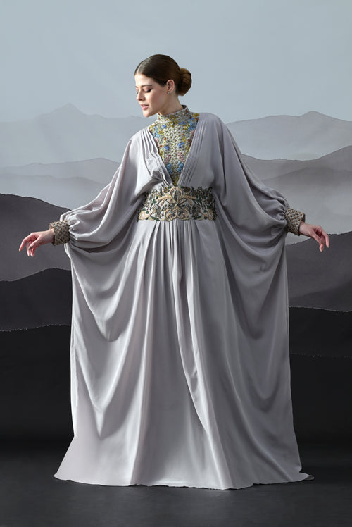 Soft Grey Draped Gown with Hand-Embroidered High Neck and Floral Waist Detail