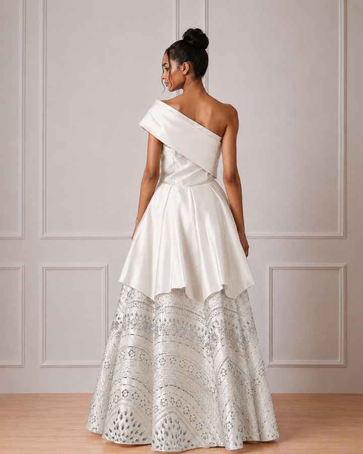 Ivory Knee-Length Peplum Attached Ankle Length Dress