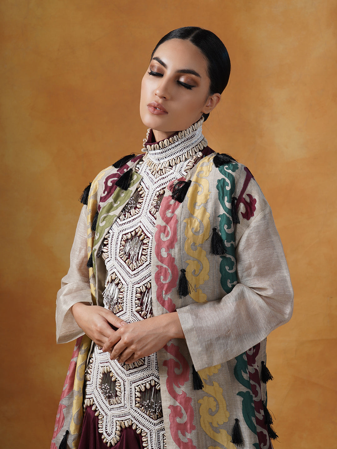 Cotton silk embellished gown topped with a linen silk jacket