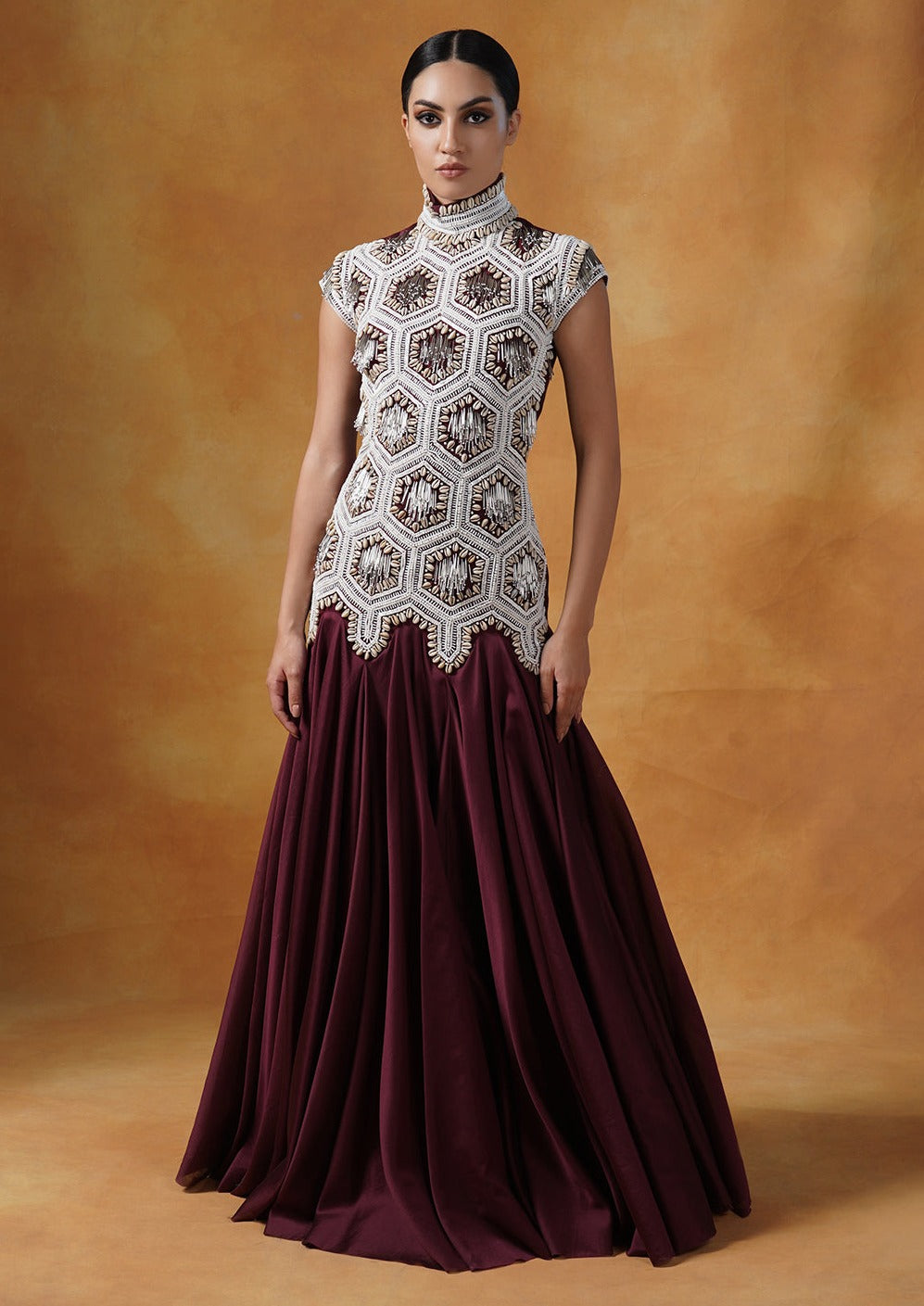 Spectacular, hand embroidered wine coloured high neck silk gown