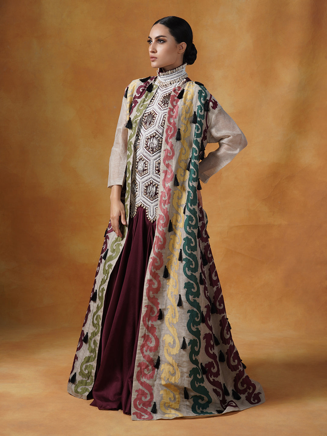 Cotton silk embellished gown topped with a linen silk jacket