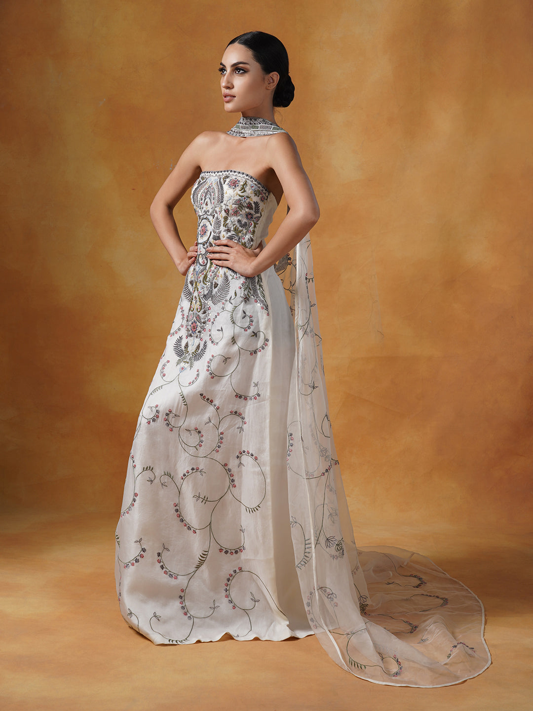Cotton silk tube gown with an organza cape