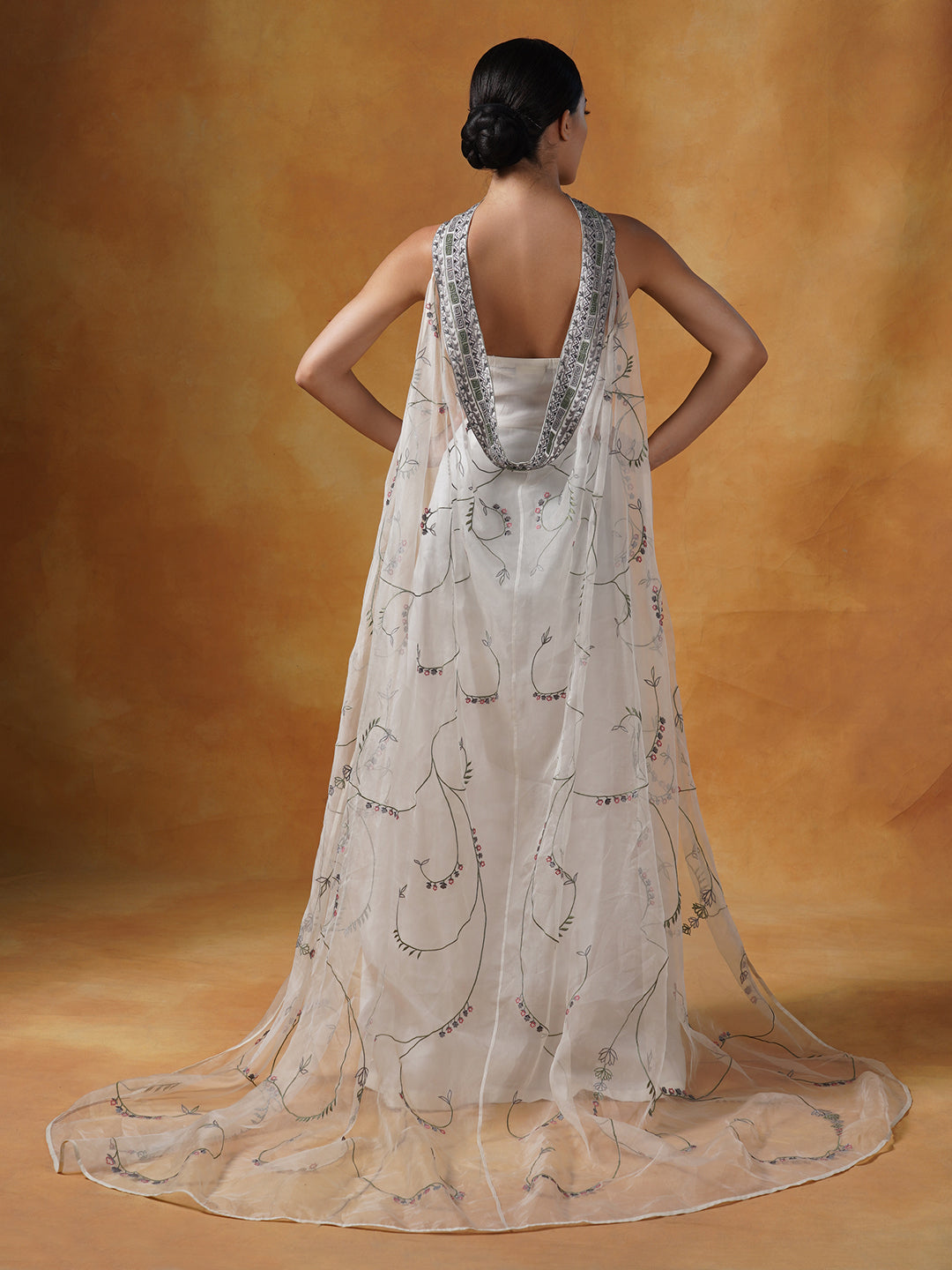 Cotton silk tube gown with an organza cape