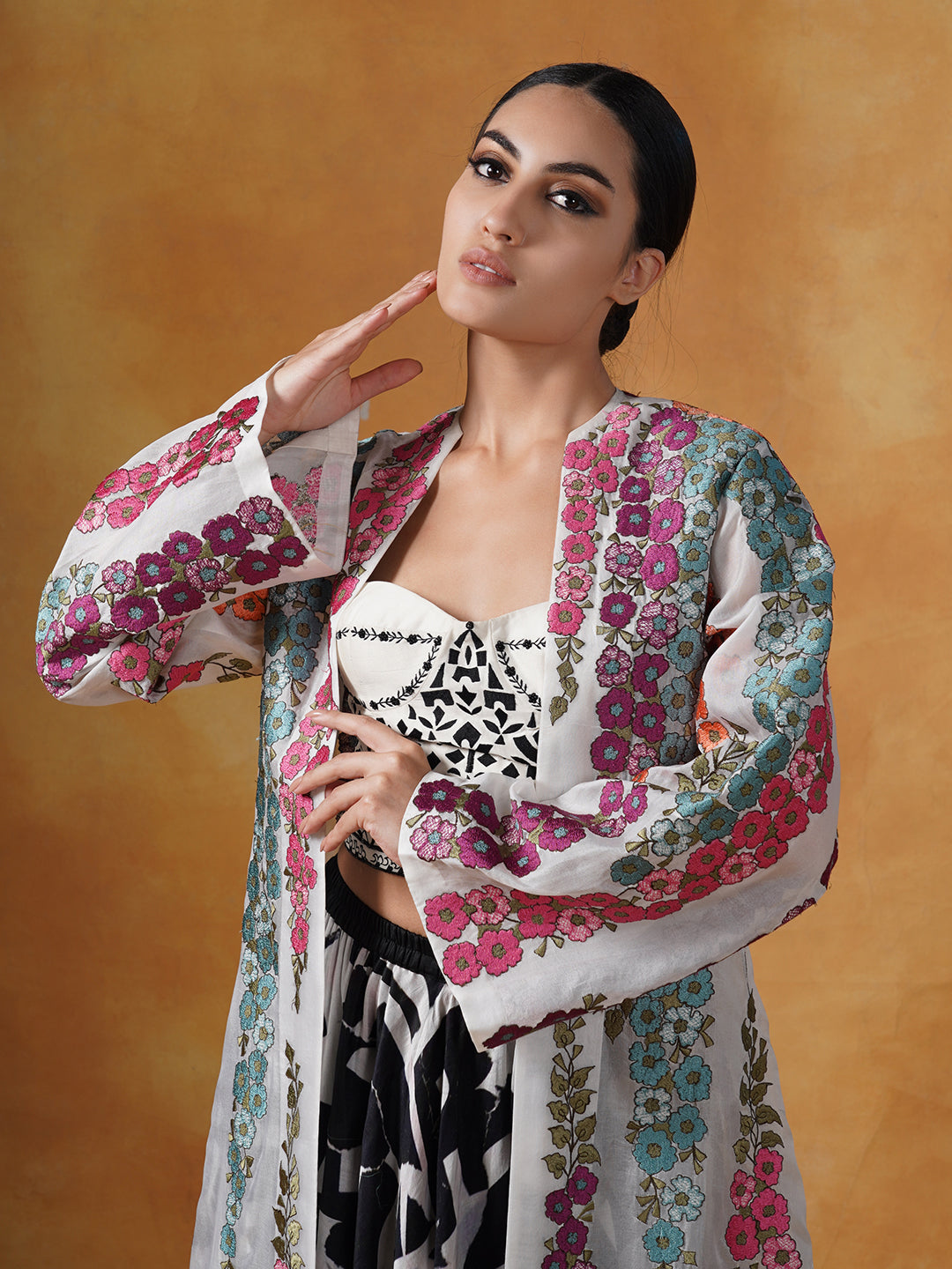 organza jacket adorned in beautiful silk thread floral embroidery