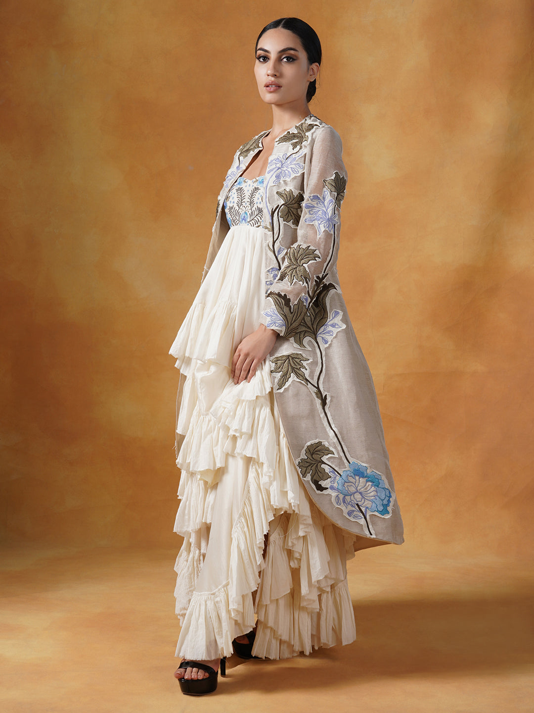 A ruffle, asymmetric cotton tube dress with embroidered  jacket
