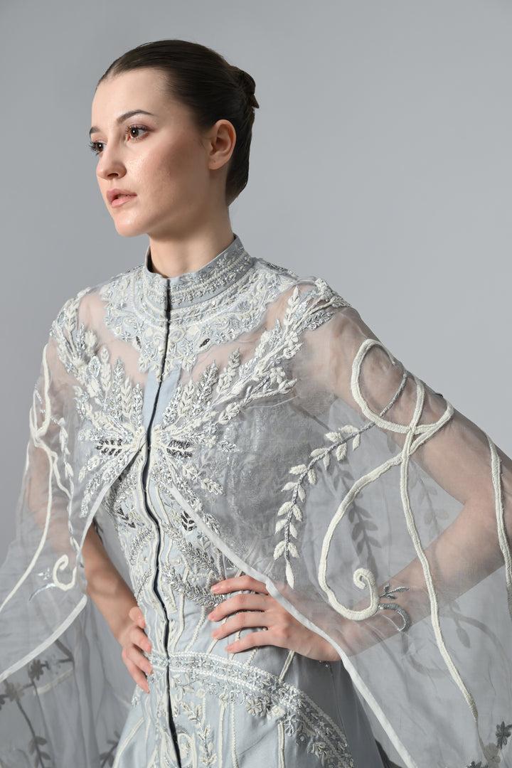 Ice Blue Cotton Silk Gown With Organza Trail