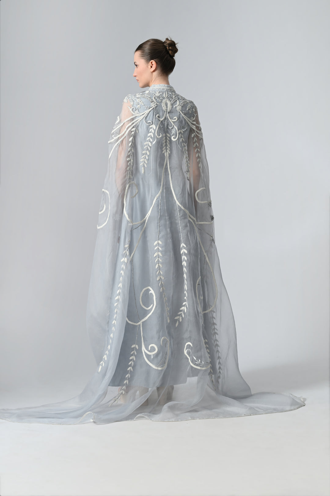 Ice Blue Cotton Silk Gown With Organza Trail