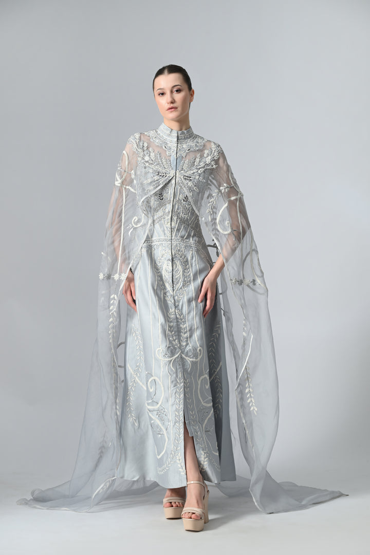 Ice Blue Cotton Silk Gown With Organza Trail