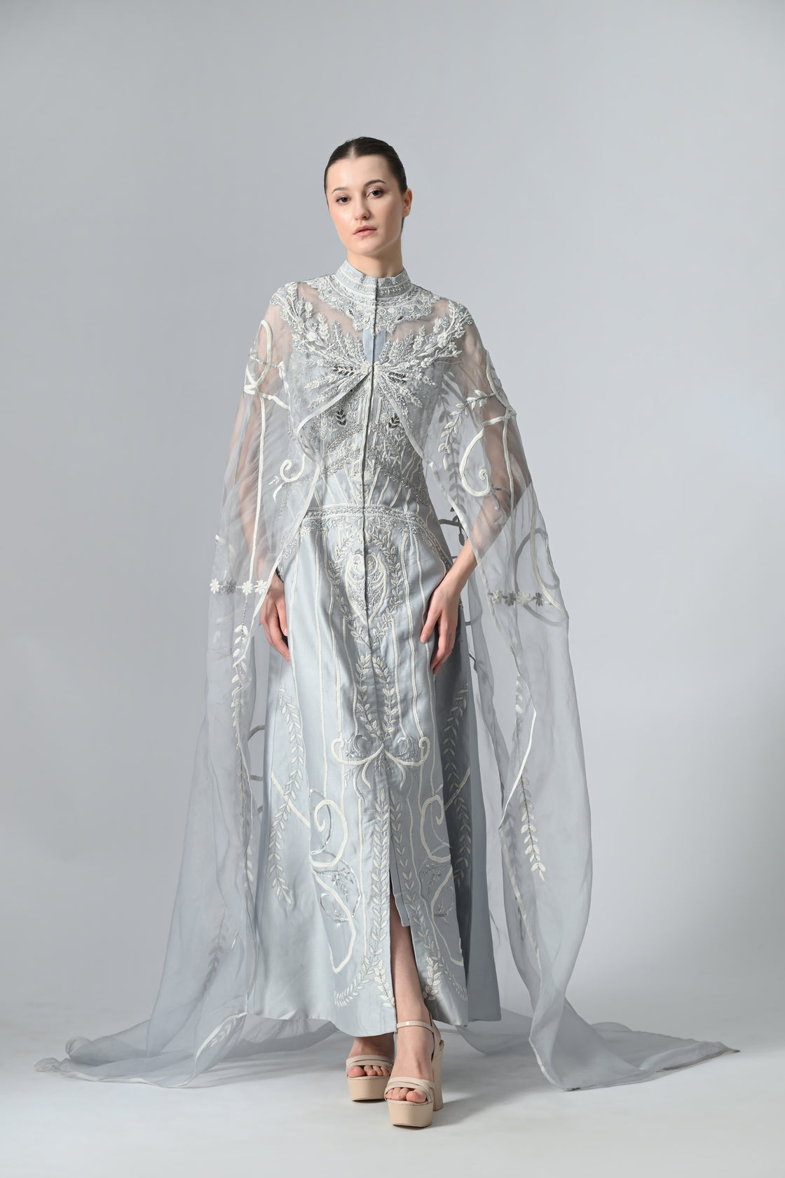 Ice blue cotton silk gown with organza trail