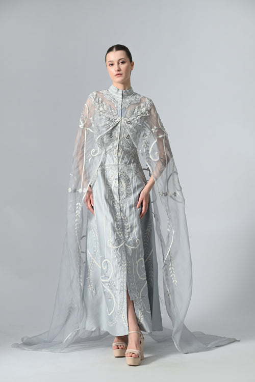Ice blue cotton silk gown with organza trail
