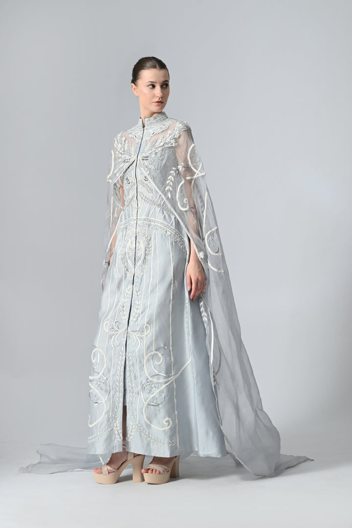 Ice Blue Cotton Silk Gown With Organza Trail