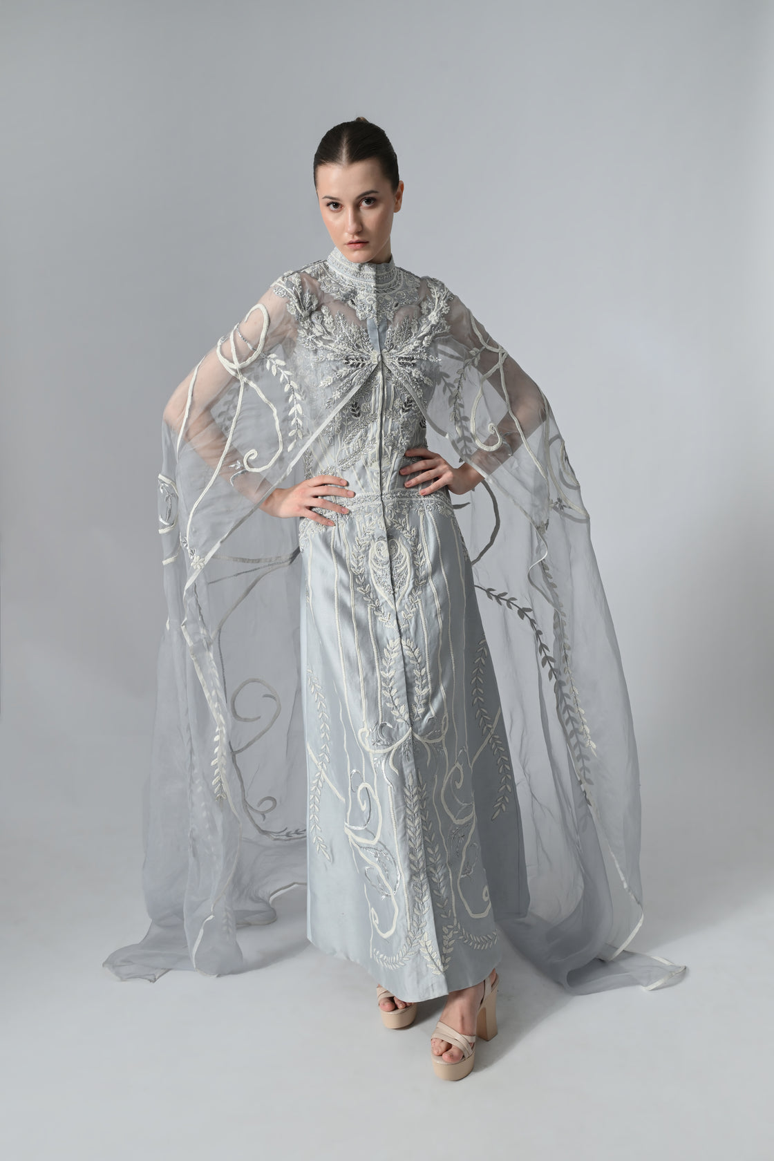 Ice blue cotton silk gown with organza trail