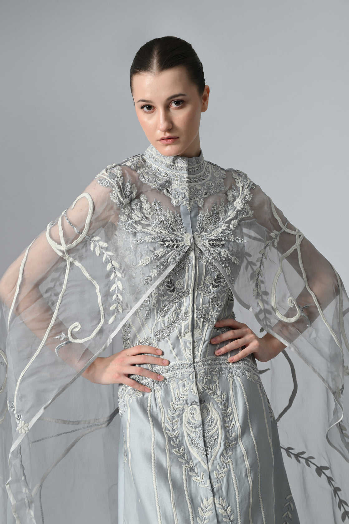 Ice blue cotton silk gown with organza trail