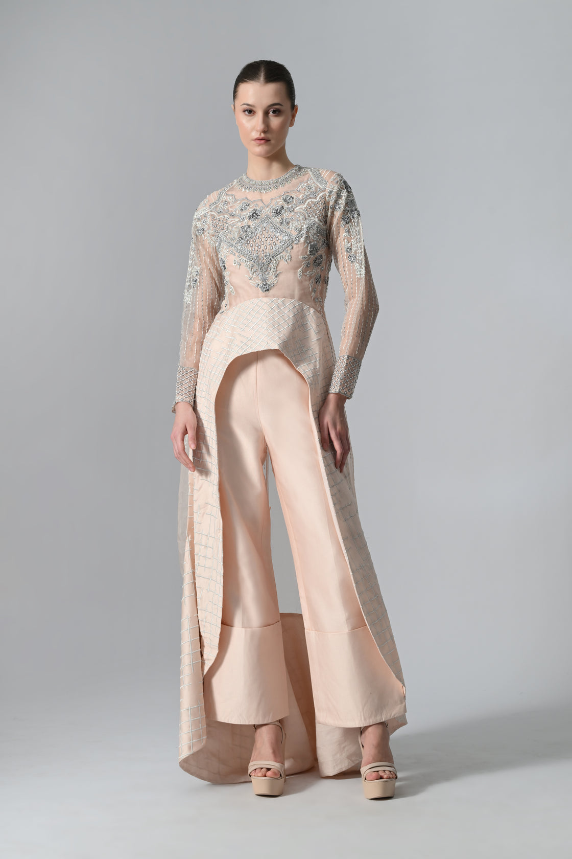A high-low Long Top & Flared Pants
