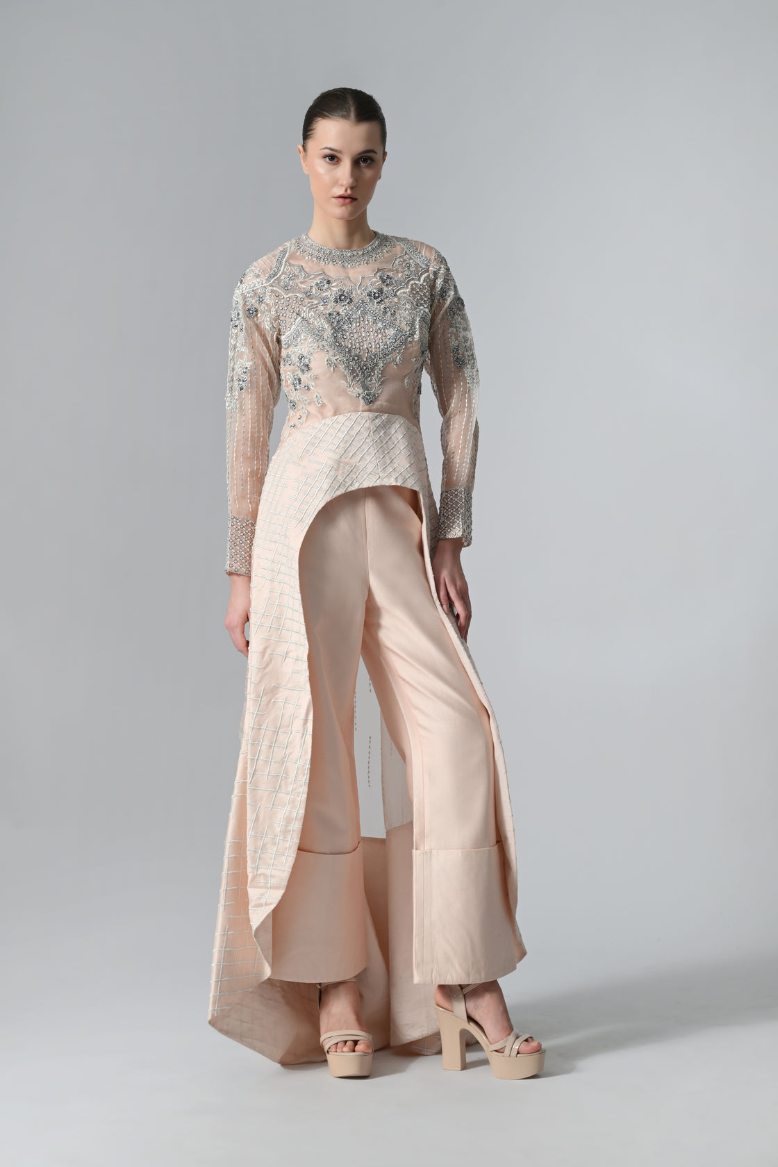 A high-low Long Top & Flared Pants