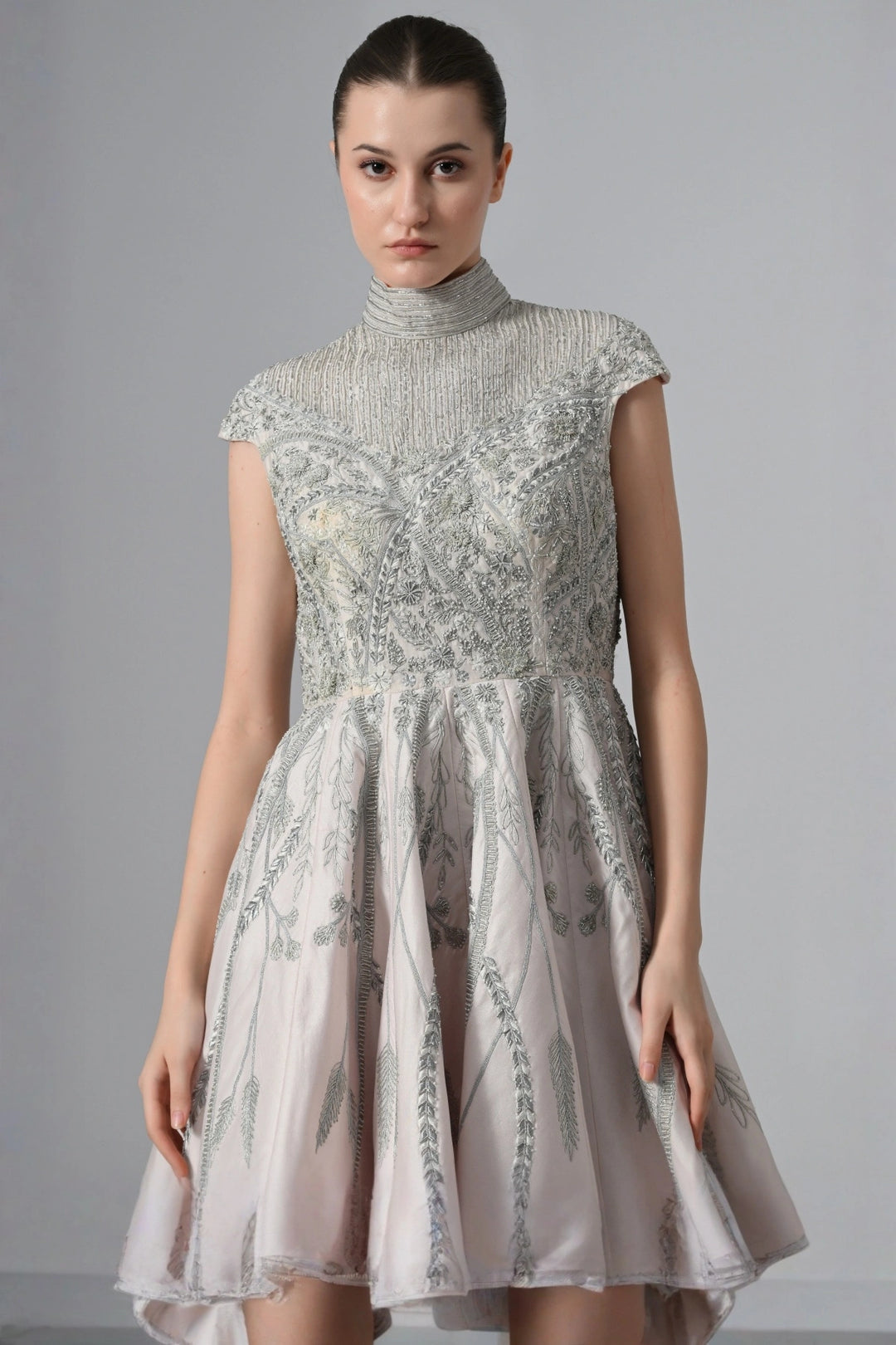 High-Low Cotton Silk Gown In Box Pleats And High Neck