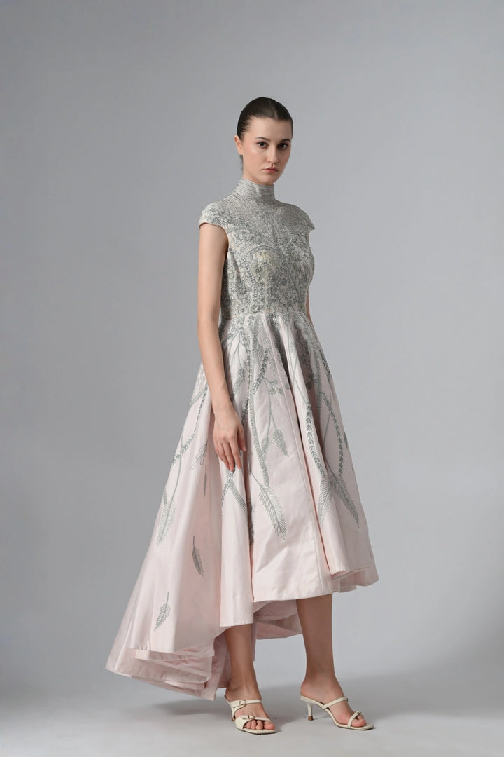 High-Low Cotton Silk Gown In Box Pleats And High Neck