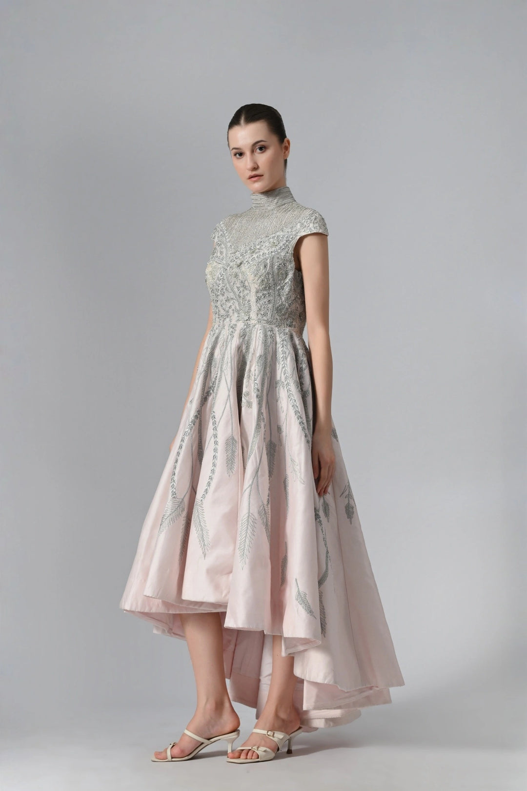 High-Low Cotton Silk Gown In Box Pleats And High Neck