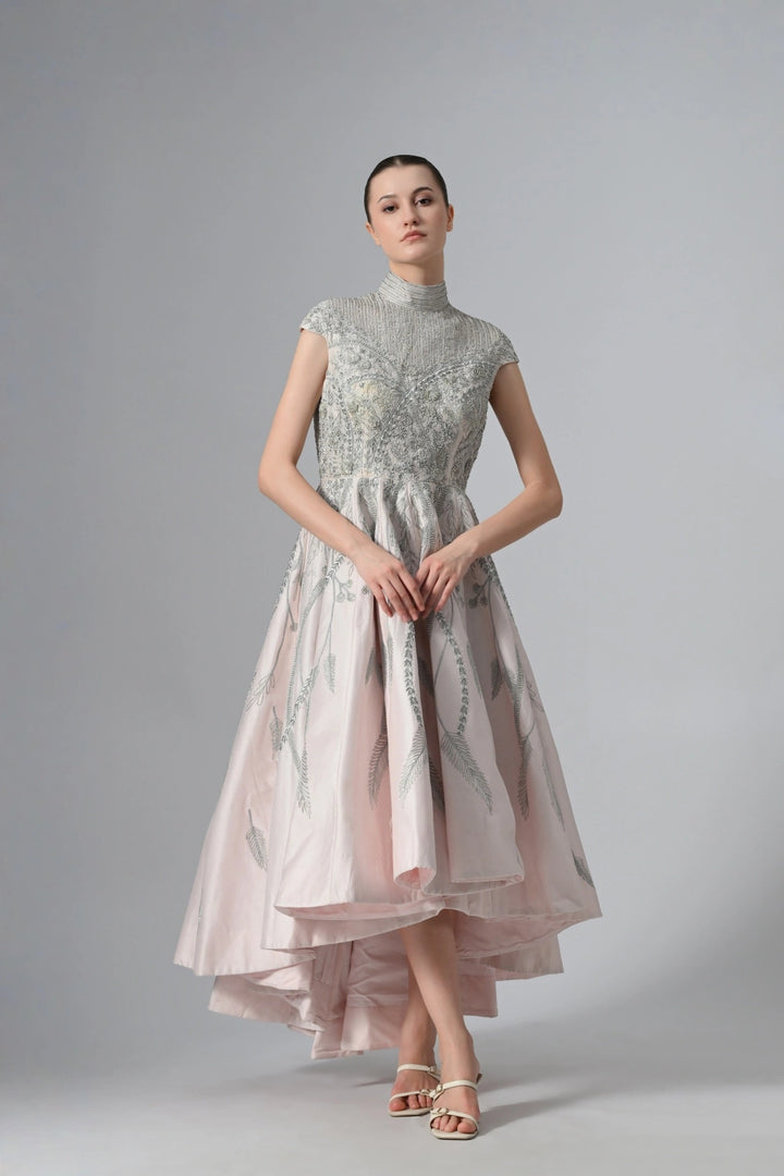 High-Low Cotton Silk Gown In Box Pleats And High Neck