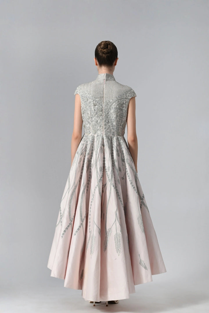 High-Low Cotton Silk Gown In Box Pleats And High Neck