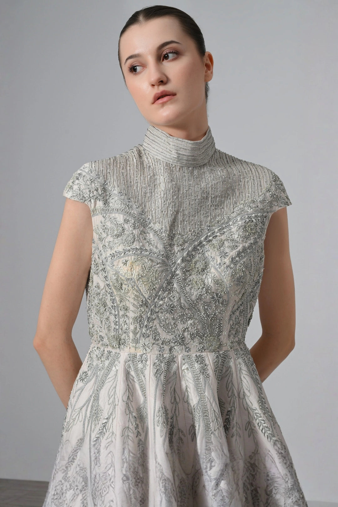High-Low Cotton Silk Gown In Box Pleats And High Neck