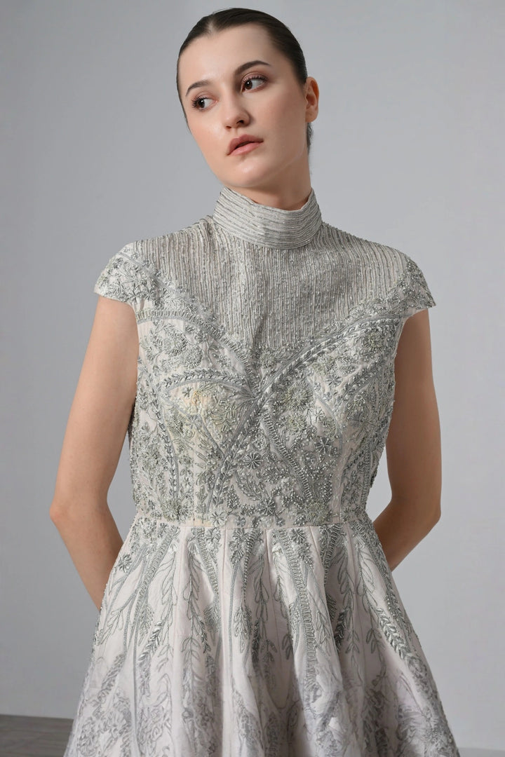 High-Low Cotton Silk Gown In Box Pleats And High Neck