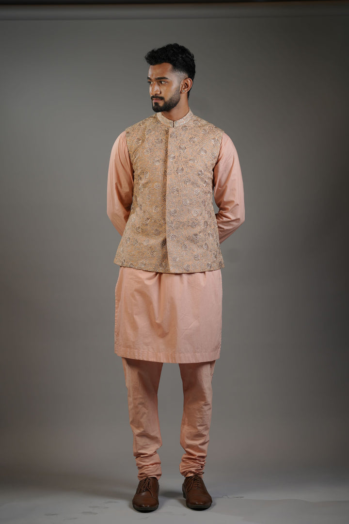 Soft Peach Floral Embroidery Waistcoat Set