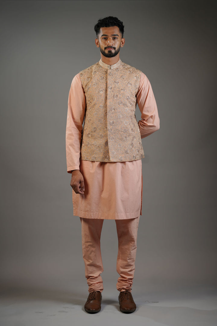 Soft Peach Floral Embroidery Waistcoat Set