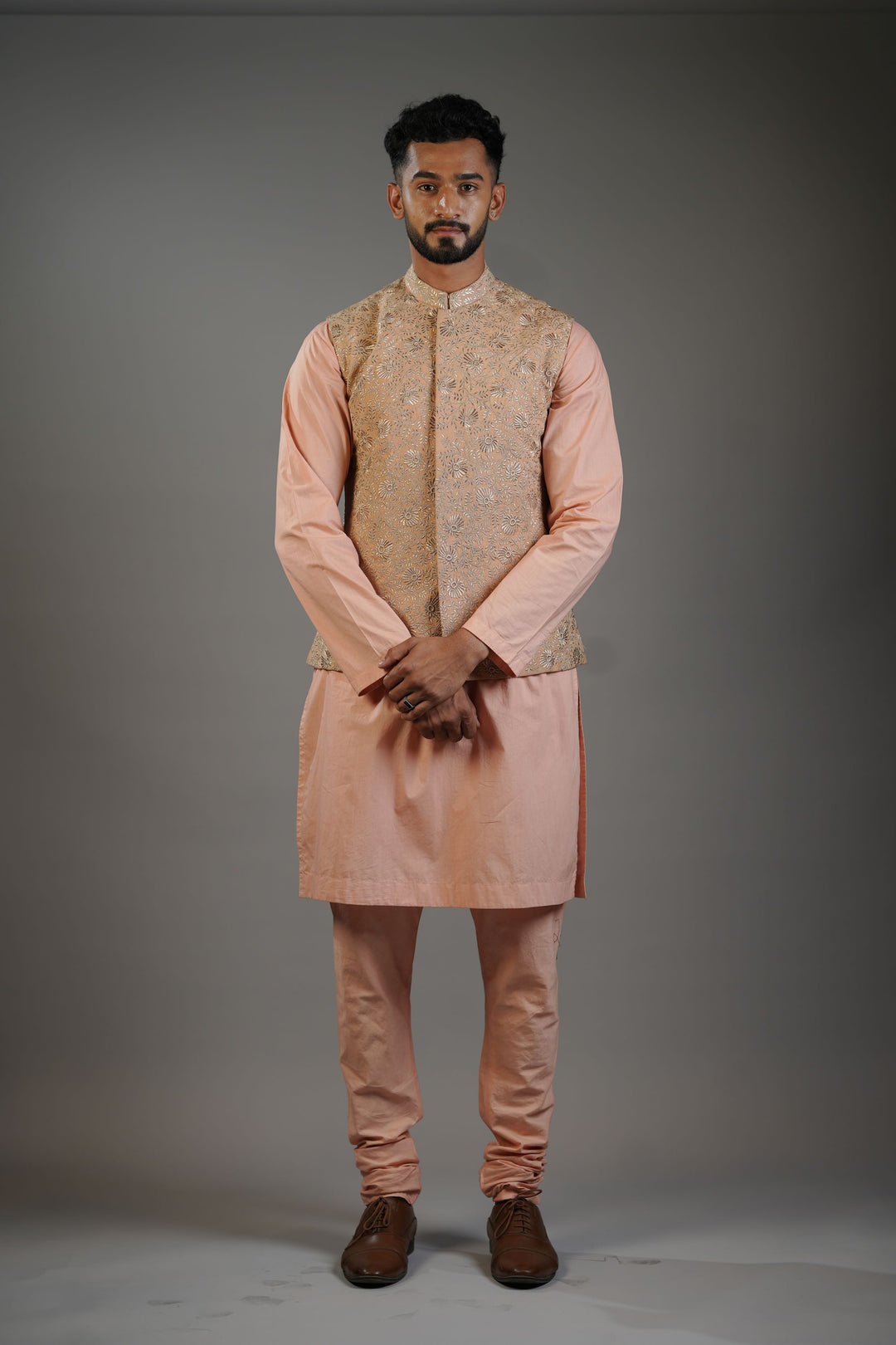 Soft Peach Floral Embroidery Waistcoat Set