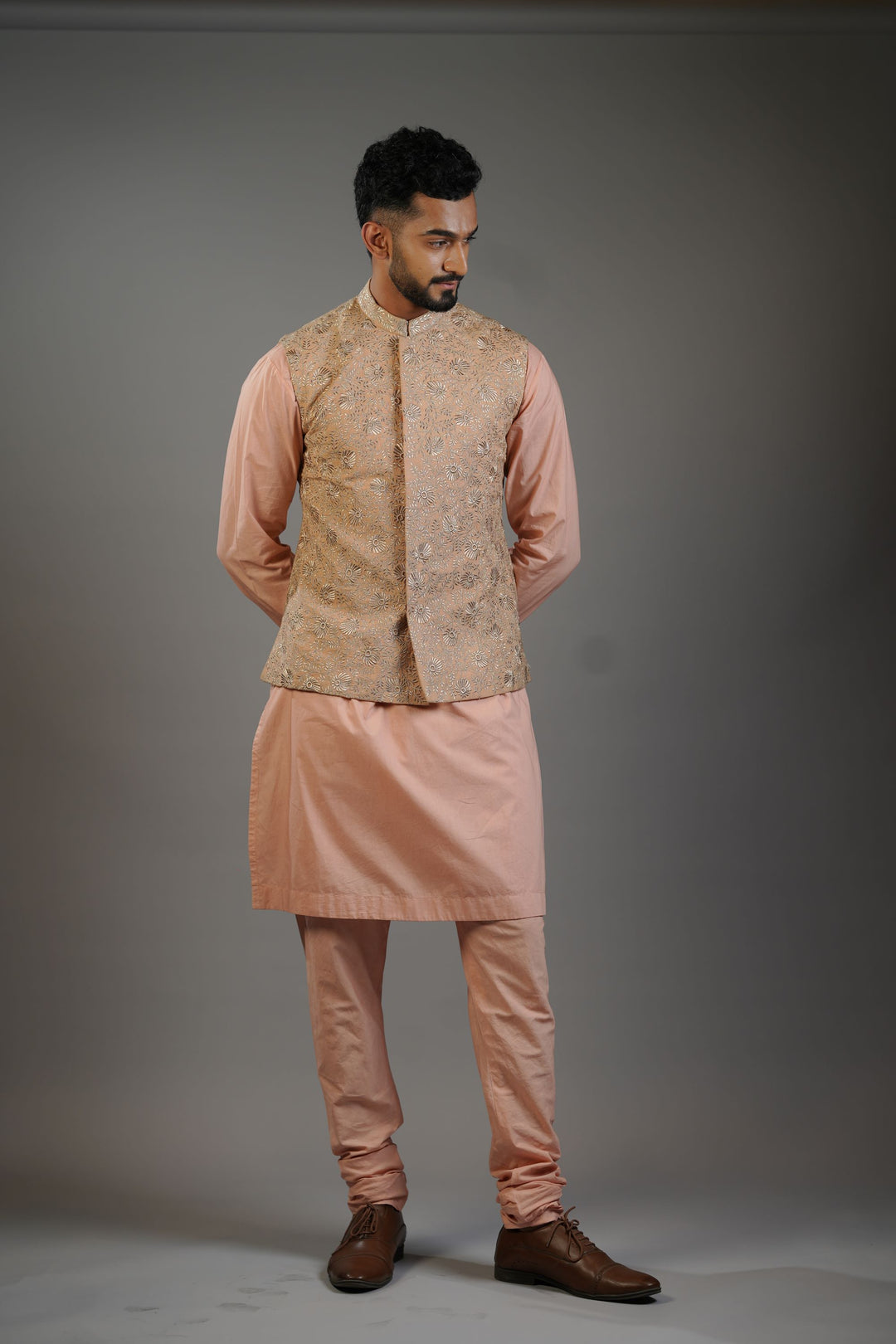 Soft Peach Floral Embroidery Waistcoat Set