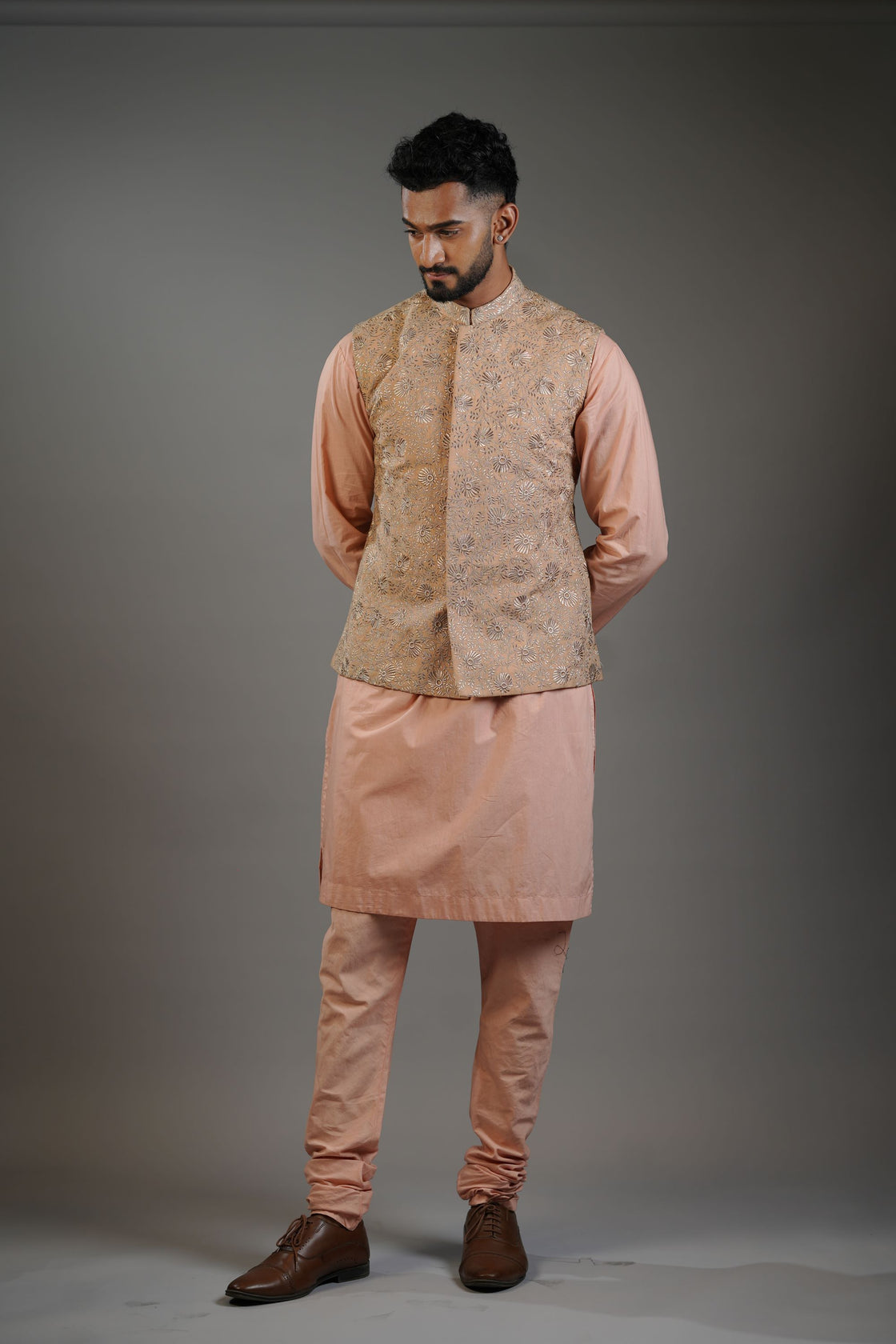 Soft Peach Floral Embroidery Waistcoat Set