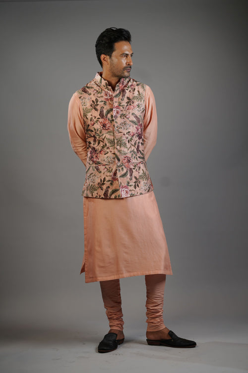 Dusty Peach Floral Print Waistcoat Set