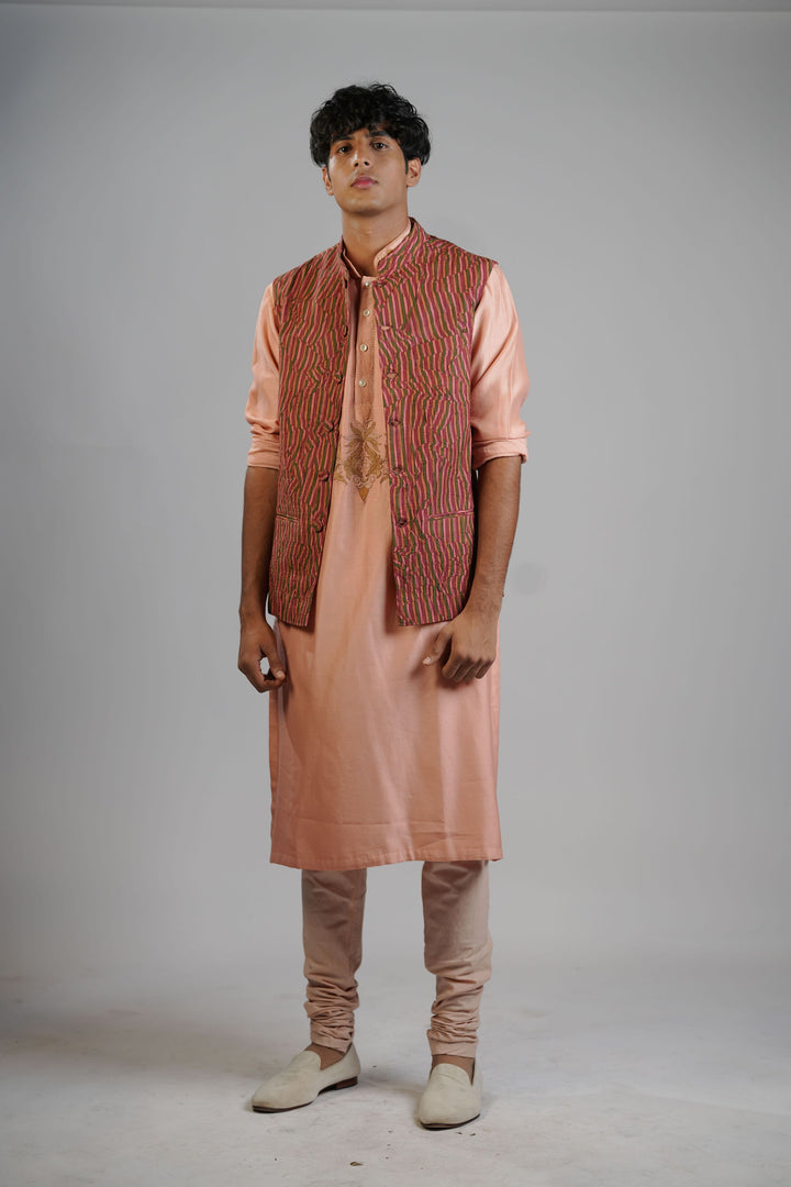 Dark Peach Ornate Textured Waistcoat Set