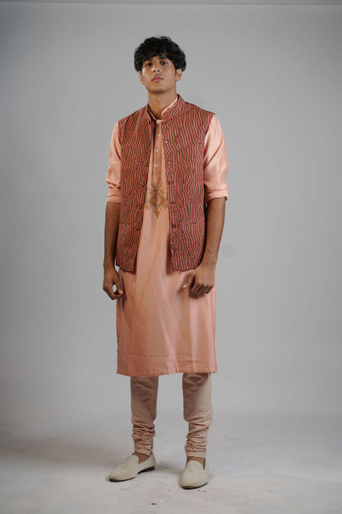 Dark Peach Ornate Textured Waistcoat Set