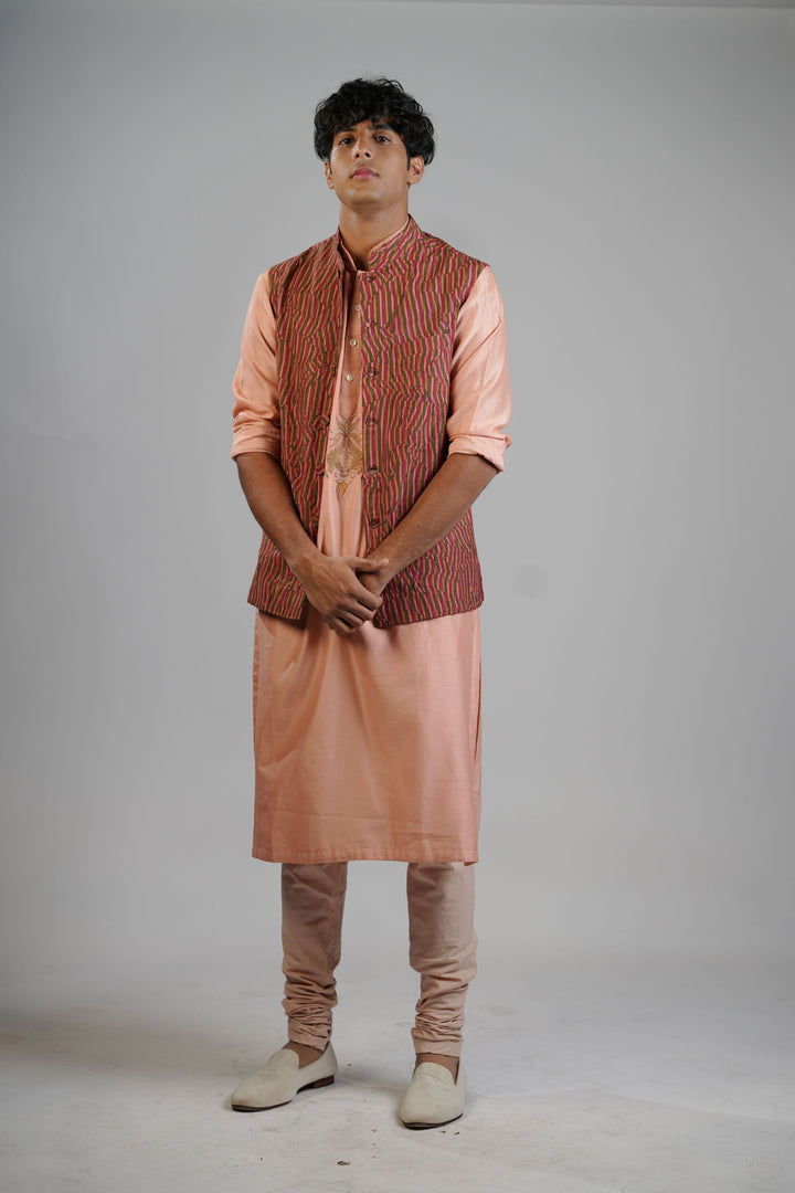 Dark Peach Ornate Textured Waistcoat Set