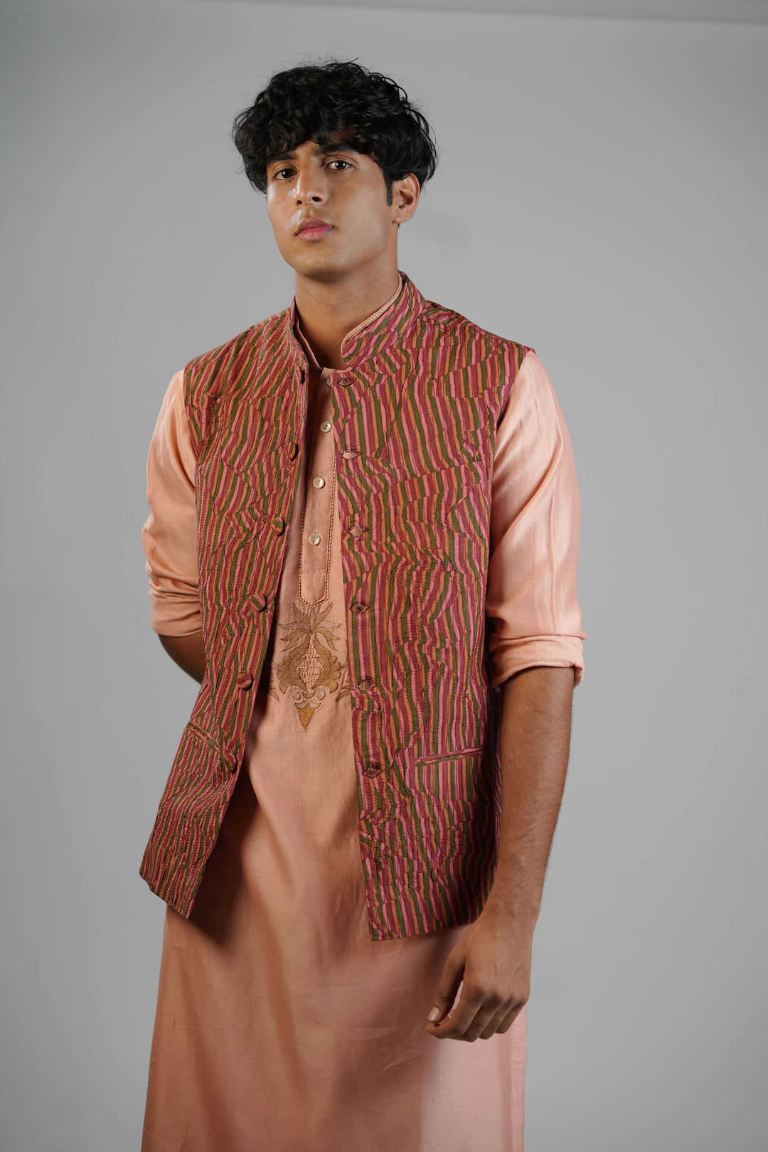 Dark Peach Ornate Textured Waistcoat Set