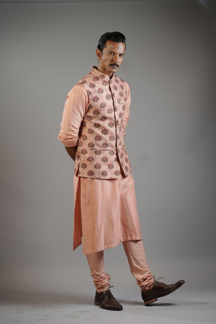 Blush Peach Floral Print Waistcoat Set