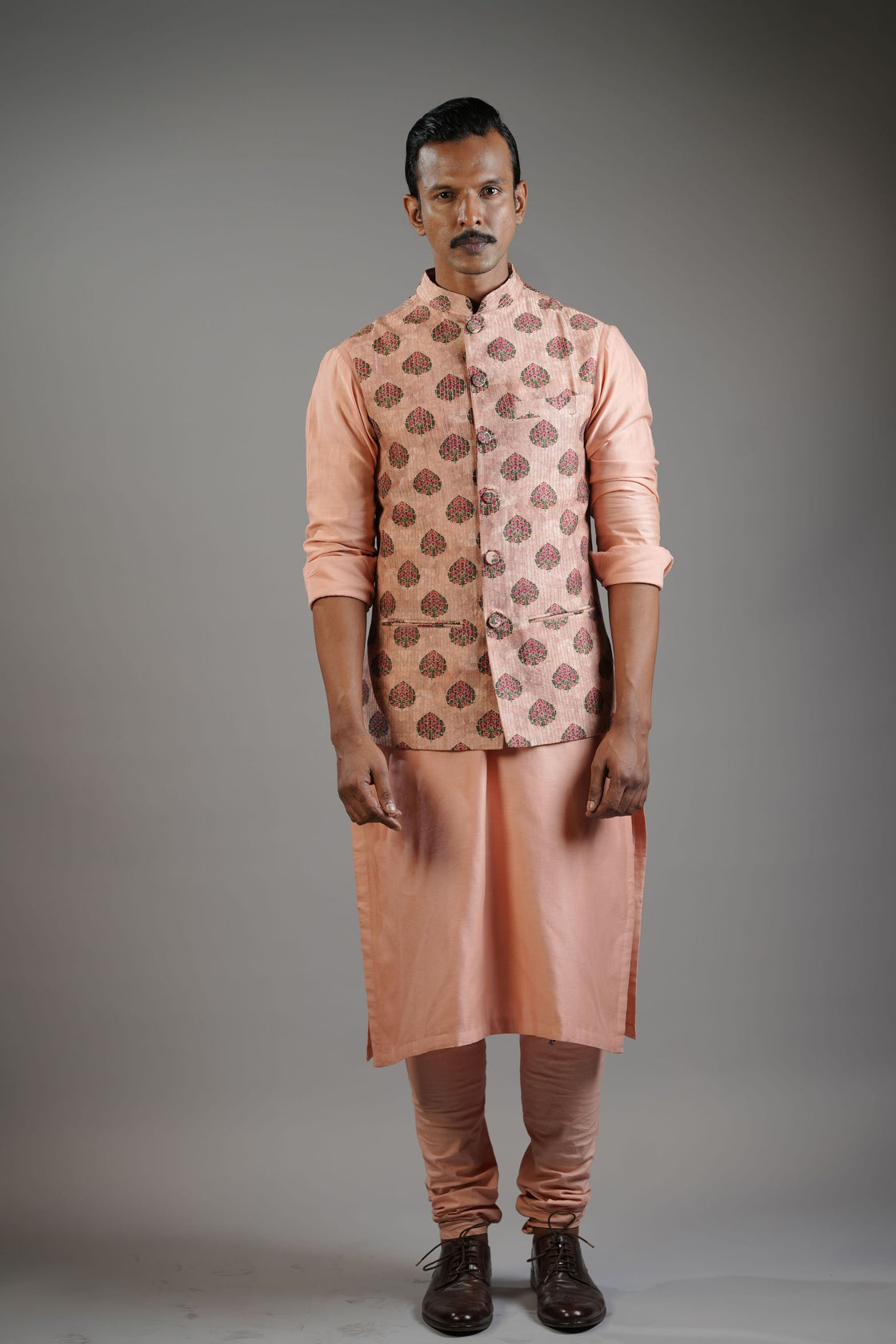 Blush Peach Floral Print Waistcoat Set