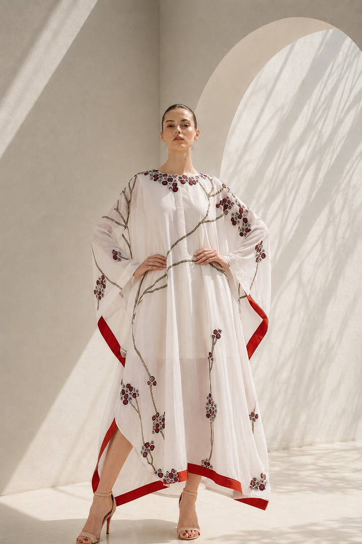 Ivory Kaftan With Red Border Elegance